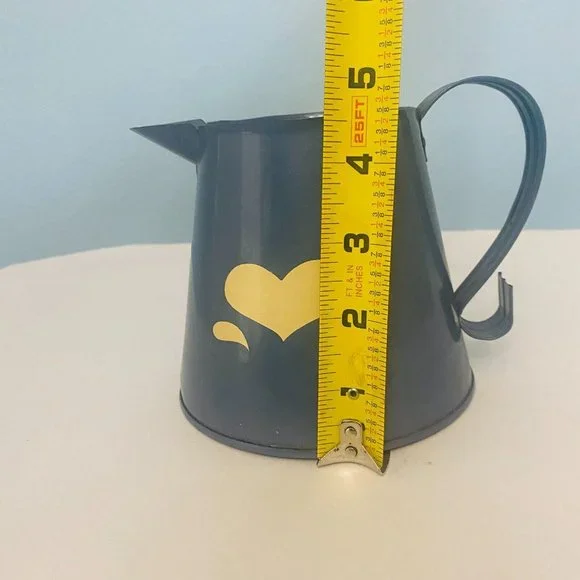 Metal Pitcher Planter Vase Blue With Beige Heart And Plastic Insert 4.5 Inches - Picture 8 of 12